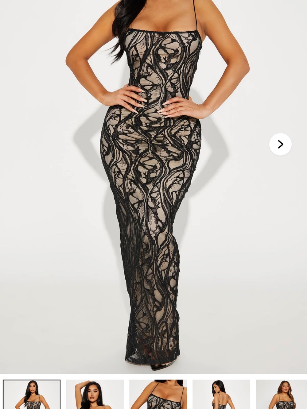 Elegant Black Lace Overlay Nude Slip Maxi Dress